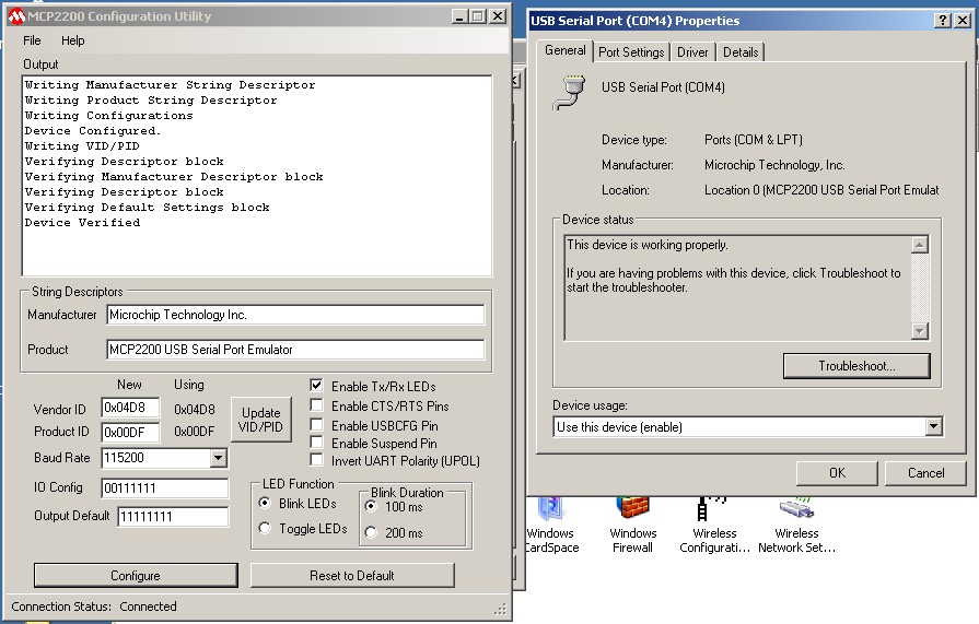 Screenshot of Microchip MCP2200 configuration software.
