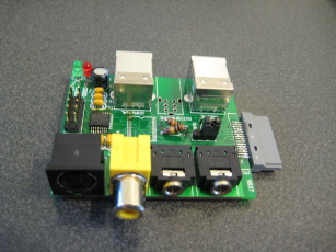 Photo of an assembled Ultradock board, viewing the A/V connectors.